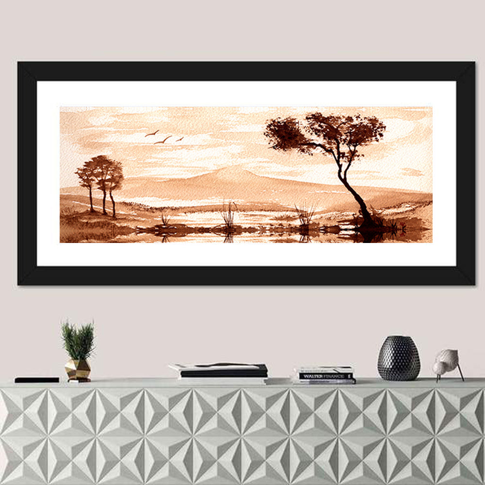Sepia Lakeside Landscape Wall Art in a room, panoramic