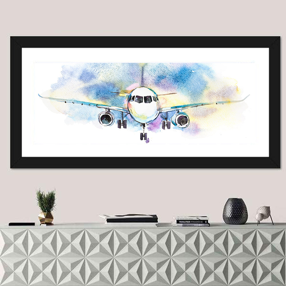 Symmetrical Airplane Watercolor Sketch Wall Art in a room, panoramic