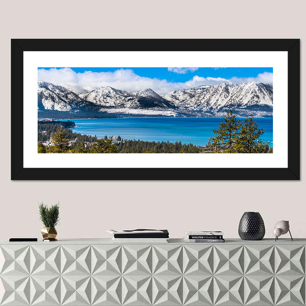 Lake Tahoe Snow-capped Sierra Peaks Wall Art in a room, panoramic