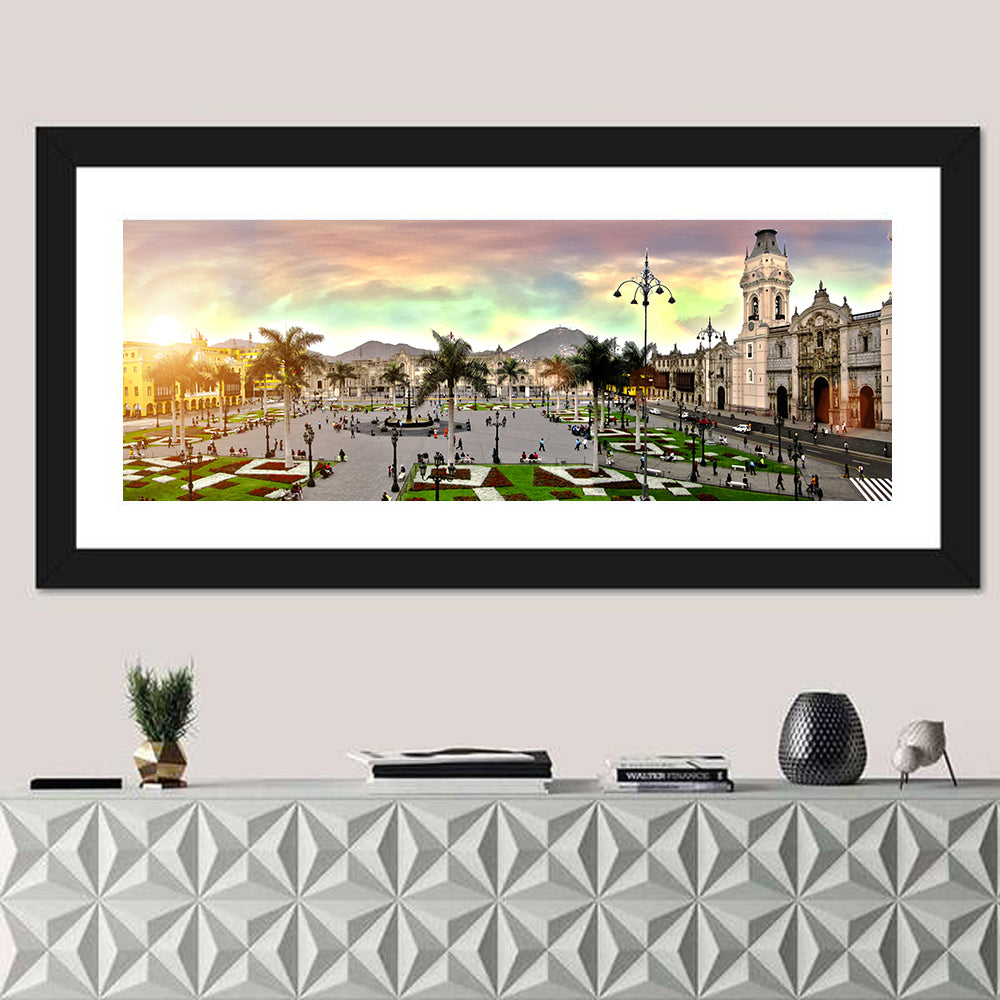 Plaza Mayor, Lima Sunset Wall Art in a room, panoramic