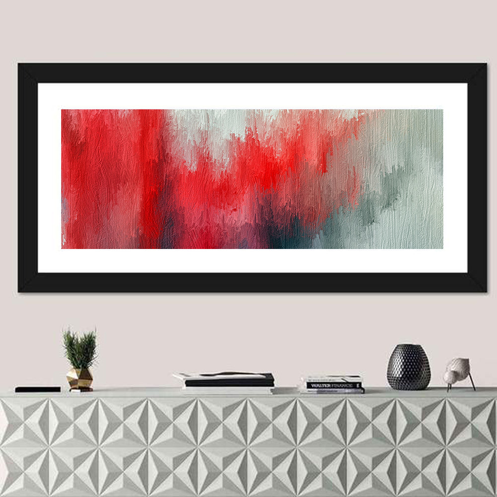 Red to Gray Oil Brushstrokes Wall Art in a room, panoramic