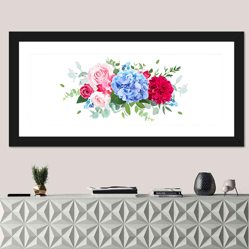 Summer Hydrangea, Dahlia and Rose Bouquet Wall Art in a room, panoramic