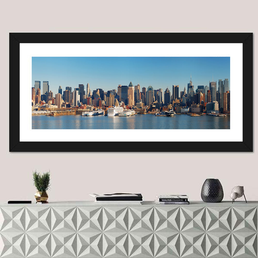Manhattan Harbor Skyline Wall Art in a room, panoramic