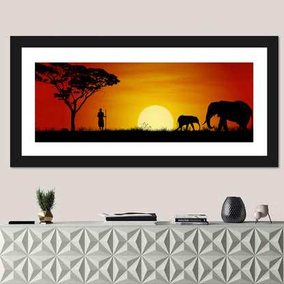 Massai Warrior and Elephants at Sunset Wall Art