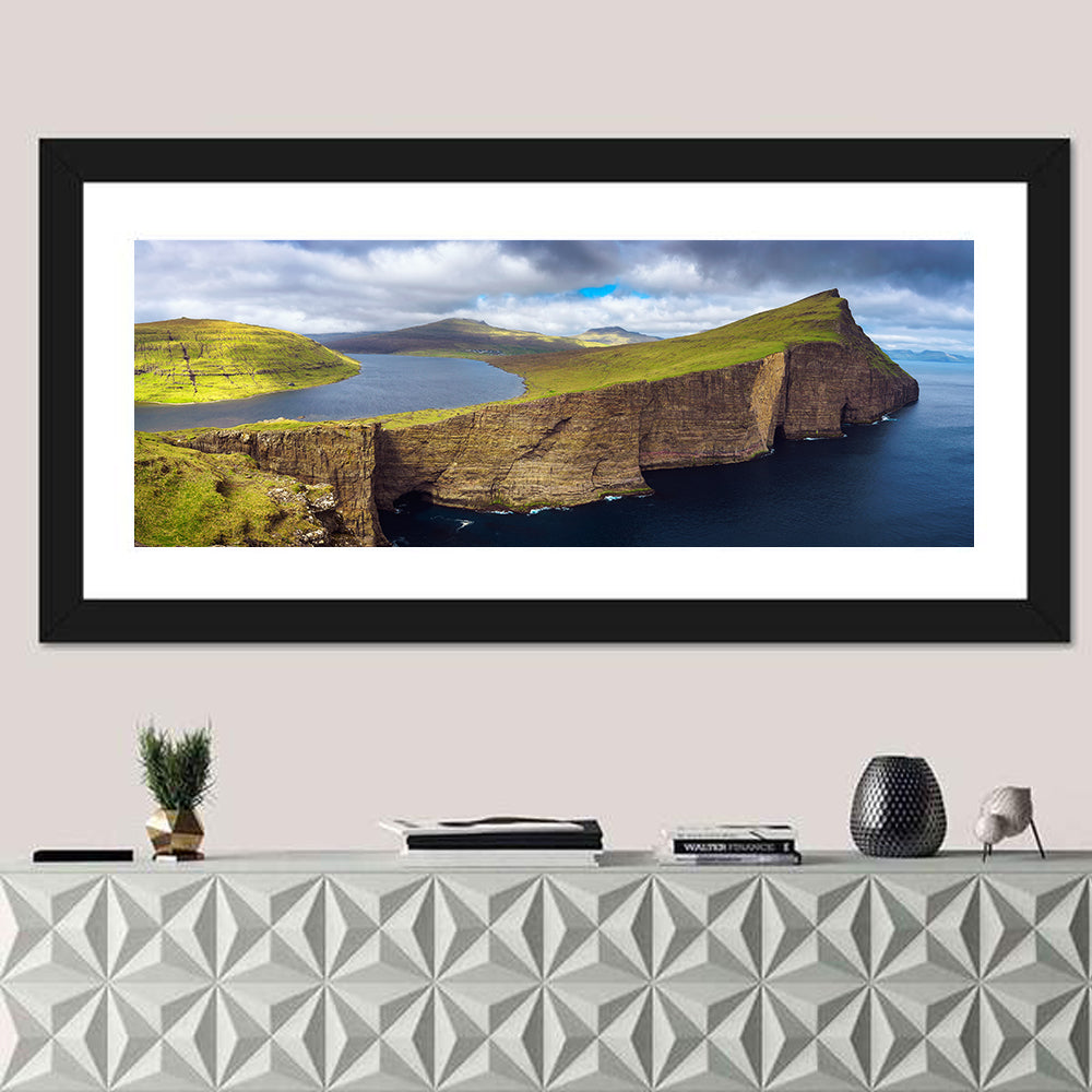 Sørvágsvatn Cliff Overlook Wall Art in a room, panoramic