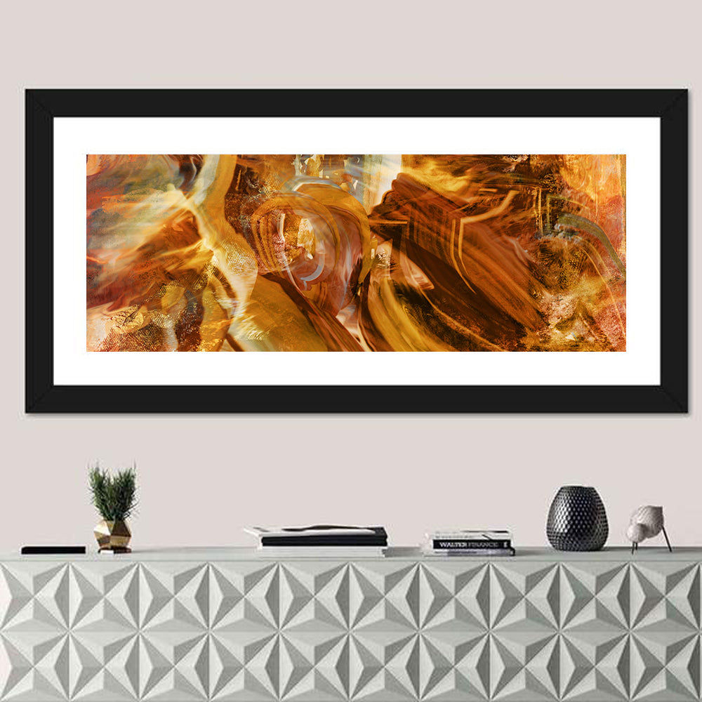 Golden Vortex Abstract Wall Art in a room, panoramic