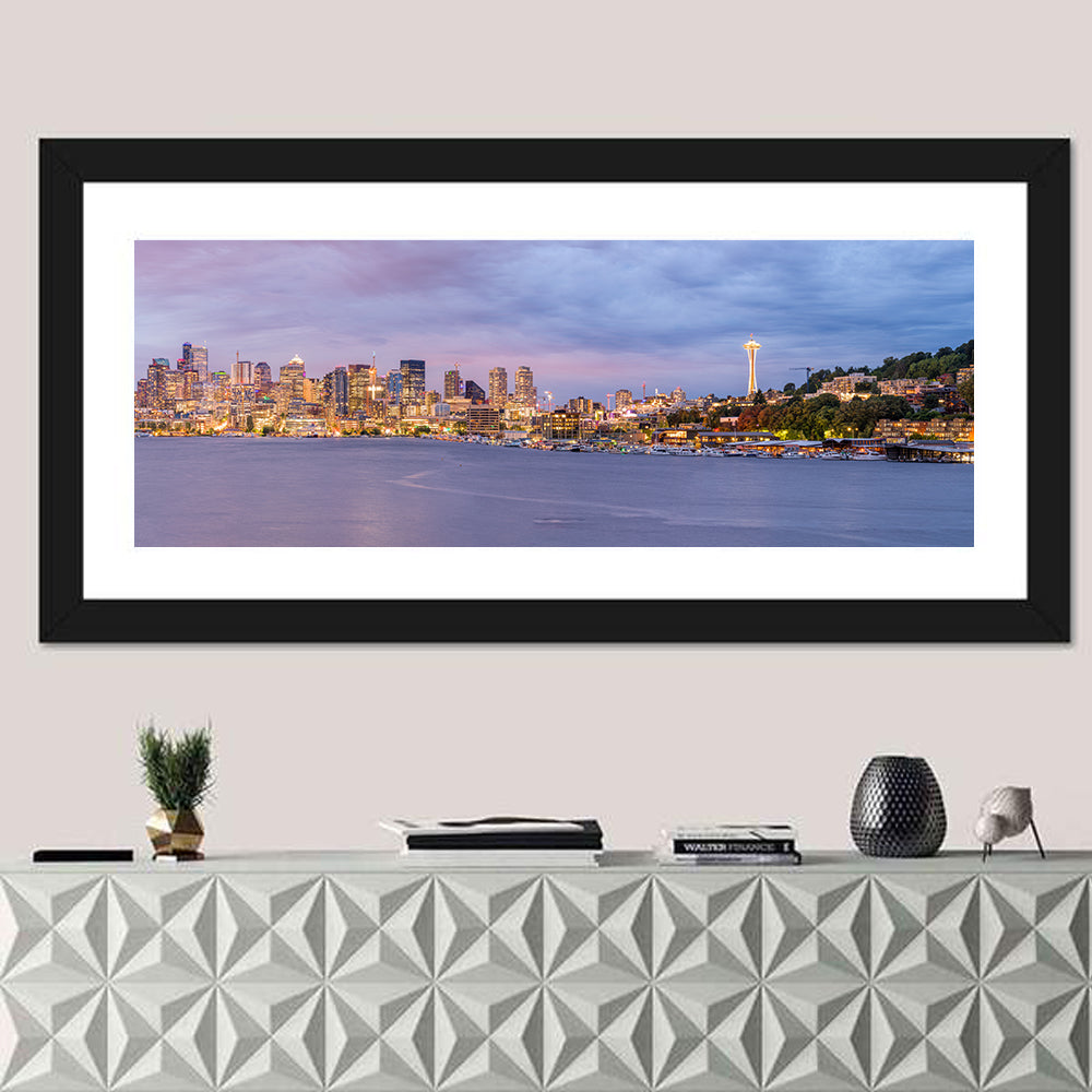 Seattle Skyline at Dusk Wall Art in a room, panoramic
