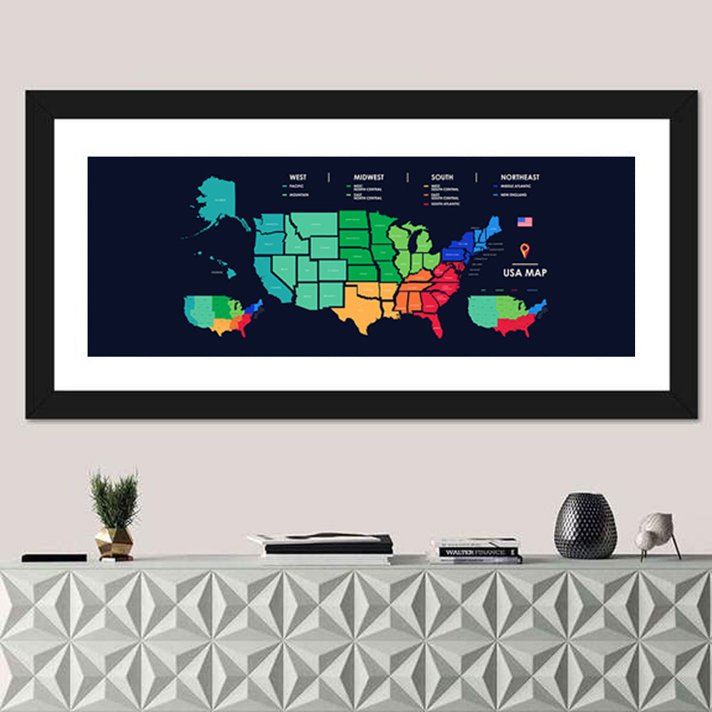 Color Coded US Regions Map Wall Art