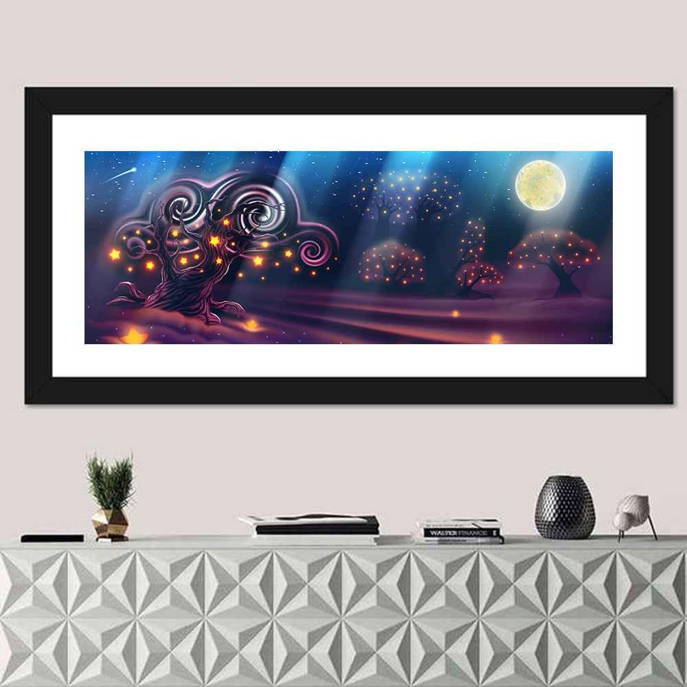Magical Night Landscape Wall Art in a room, panoramic