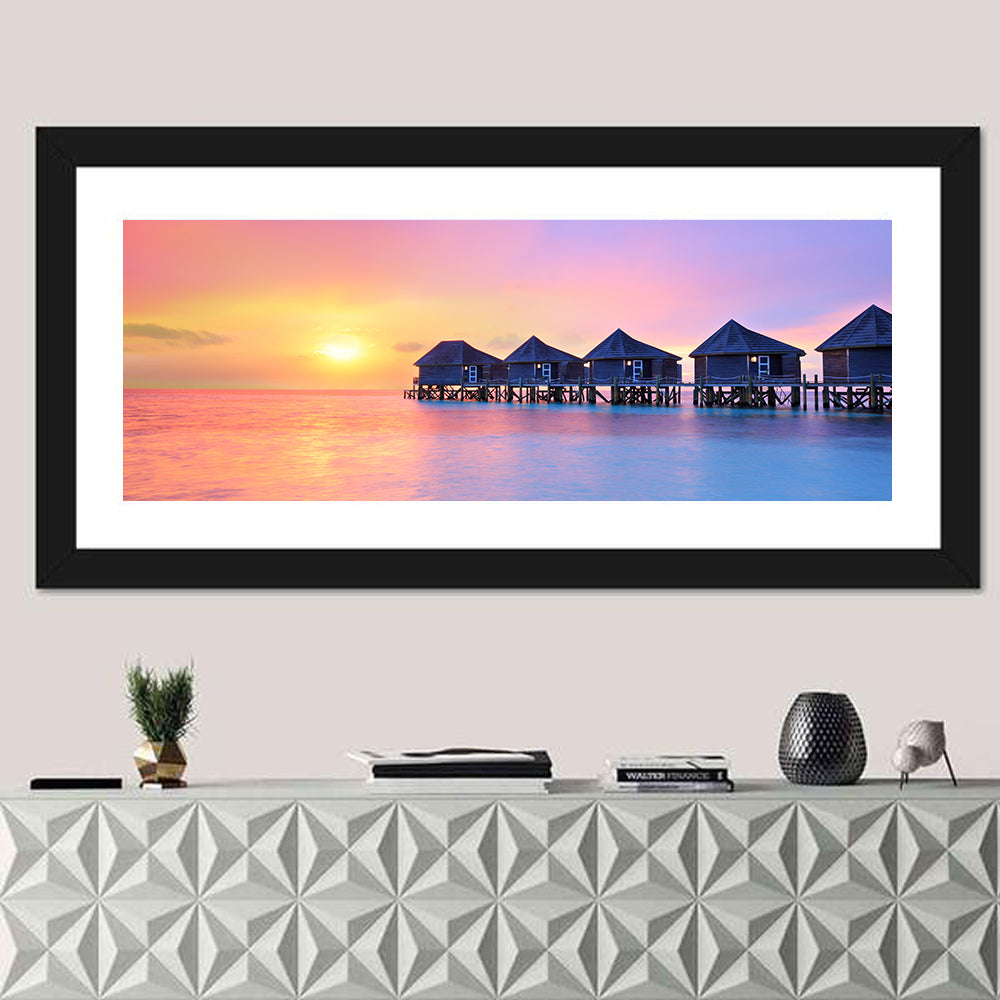 Maldives Sunset Over Water Bungalows Wall Art