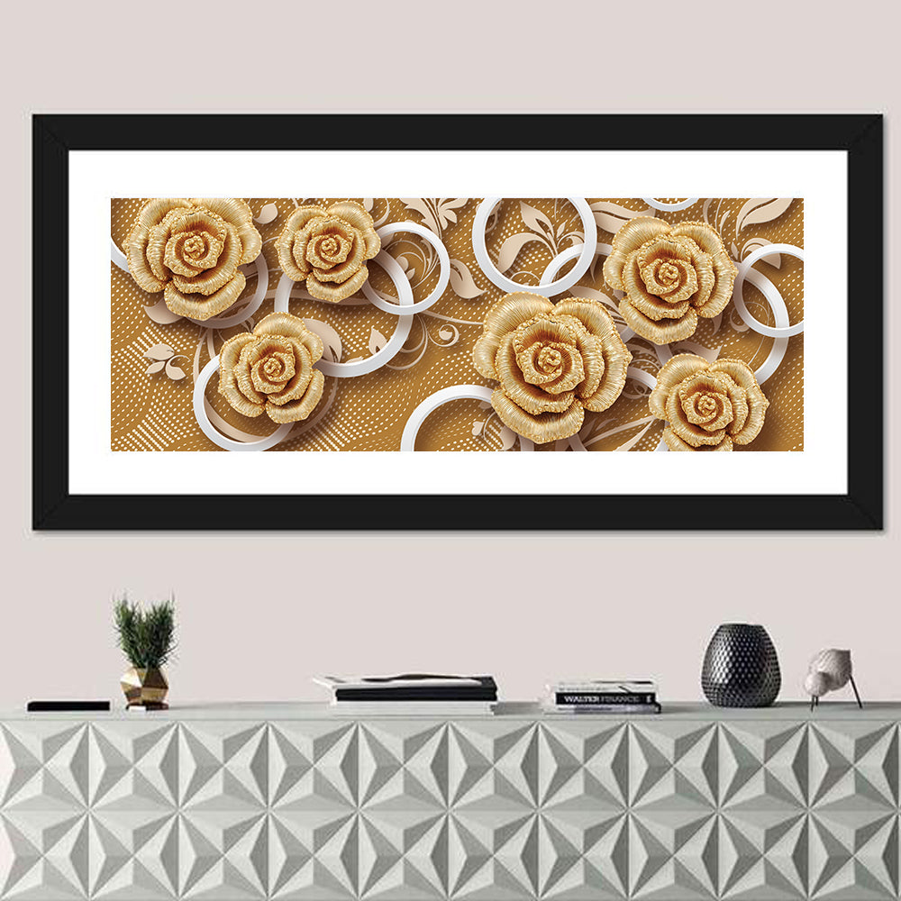 3d Golden Rose Floral Pattern Wall Art in a room, panoramic