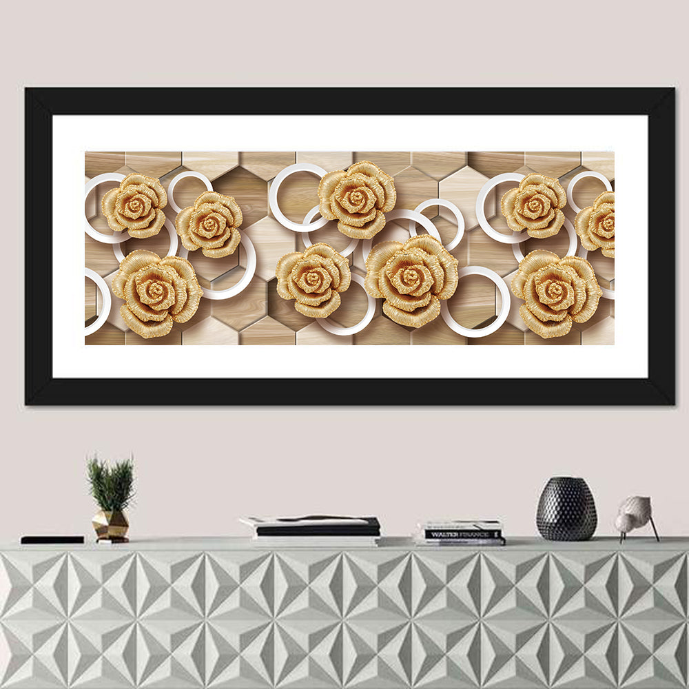Gold Roses on Geometric Tiles Wall Art in a room, panoramic