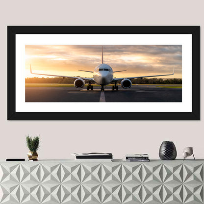 Front Facing Airplane on Runway at Sunset Wall Art