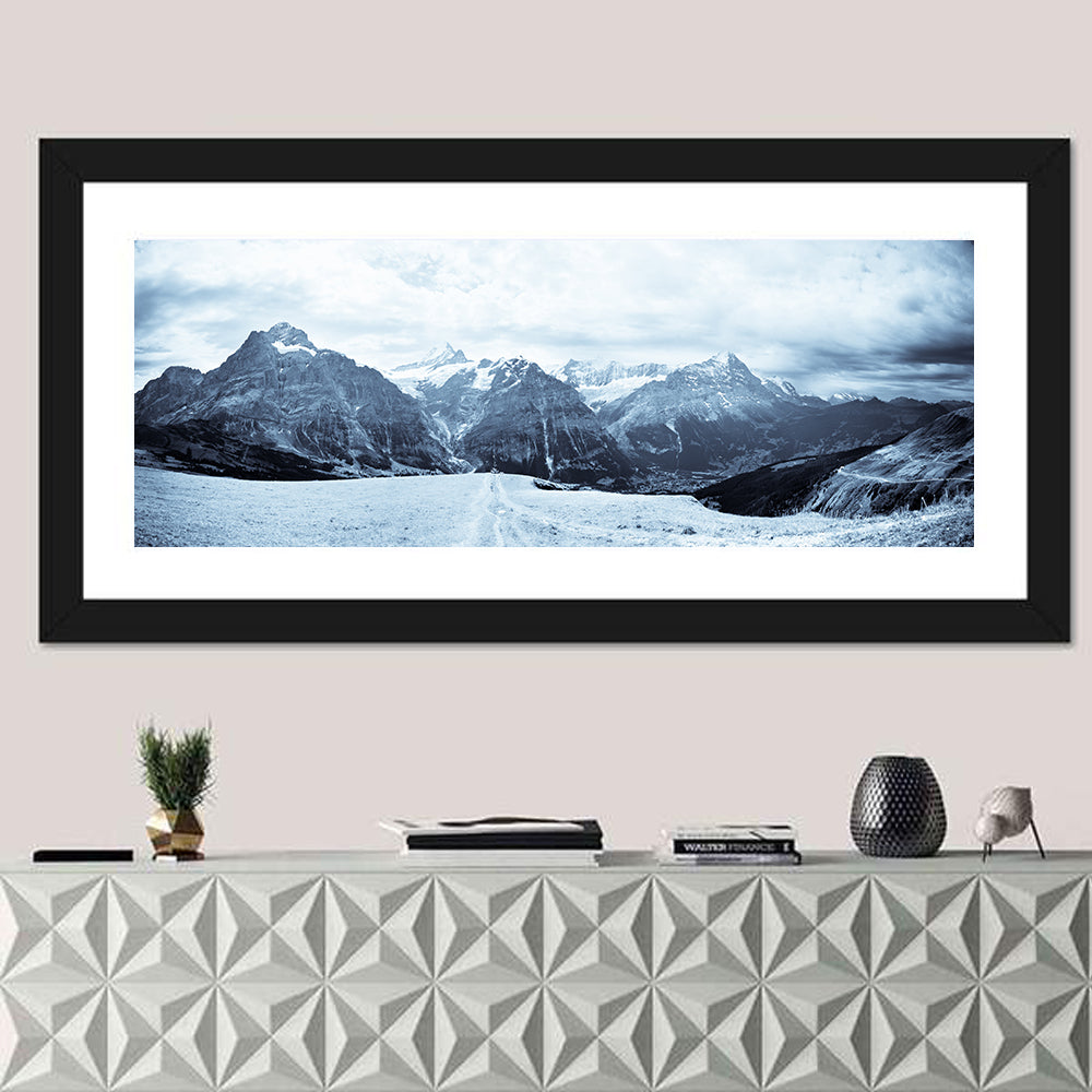 Jungfrau Mountain Peaks Wall Art in a room, panoramic