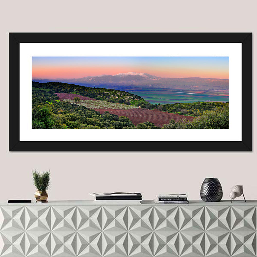 Mount Hermon Sunset Over Farmland Wall Art in a room, panoramic