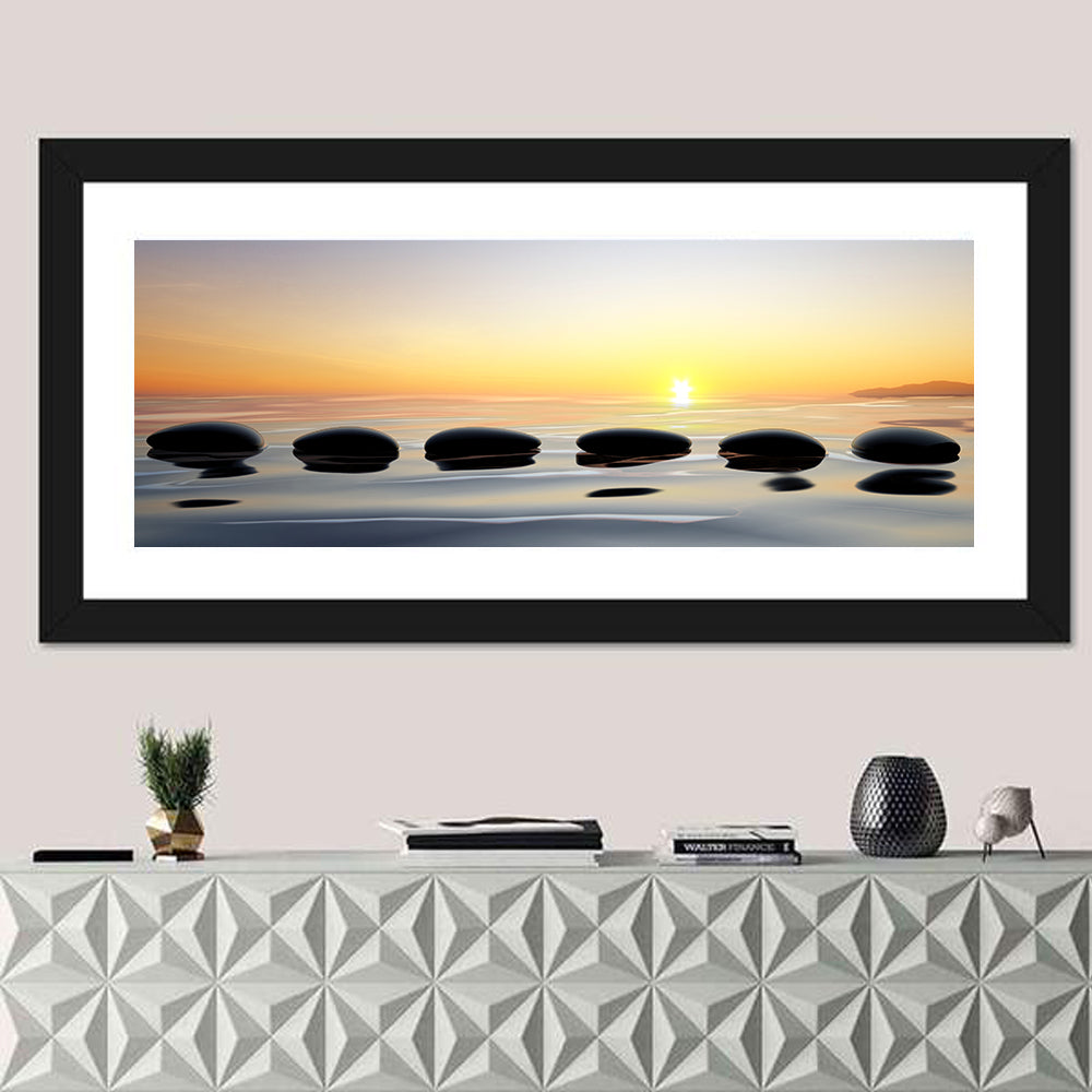 Zen Stones at Sunset Wall Art in a room, panoramic