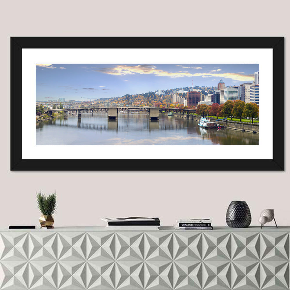 Portland Hawthorne Bridge Skyline Wall Art in a room, panoramic