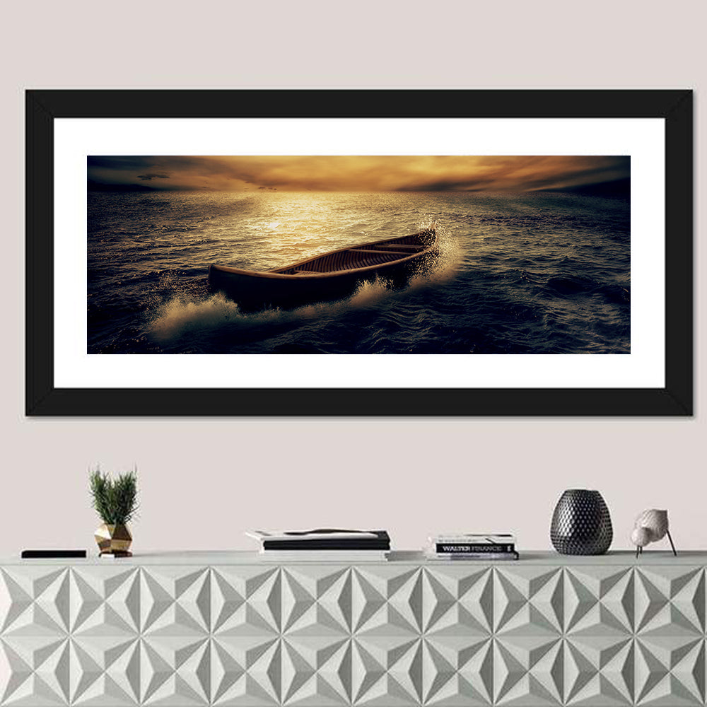 Moonlit Boat in Stormy Ocean Wall Art