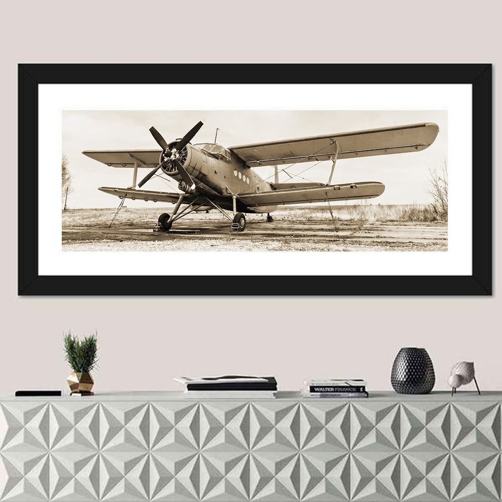 Vintage Biplane Closeup Wall Art in a room, panoramic