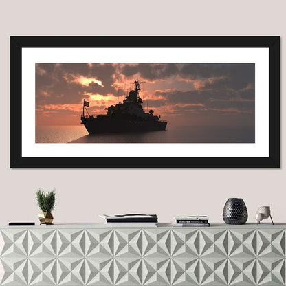 Warship Silhouette at Sunset Wall Art