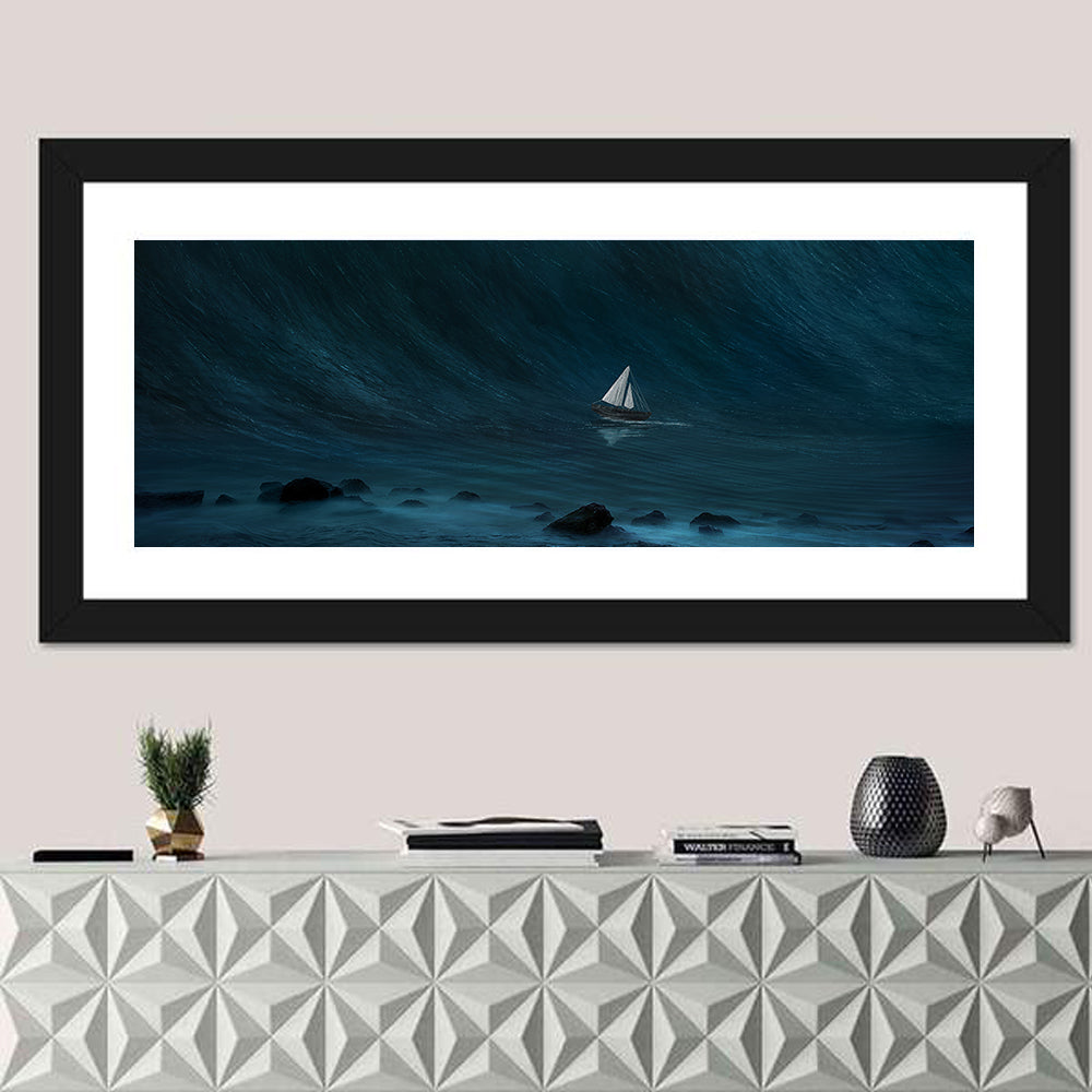 Small Boat Against Large Wave Wall Art