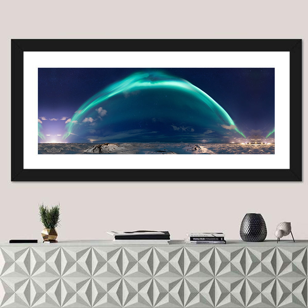 Northern Lights Over Reykjavik Wall Art in a room, panoramic