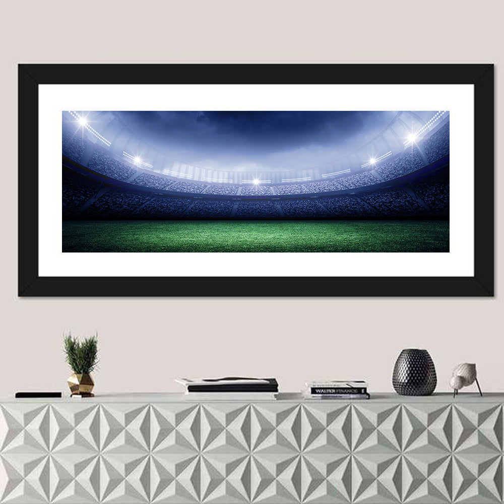 Illuminated Soccer Stadium Wall Art in a room, panoramic