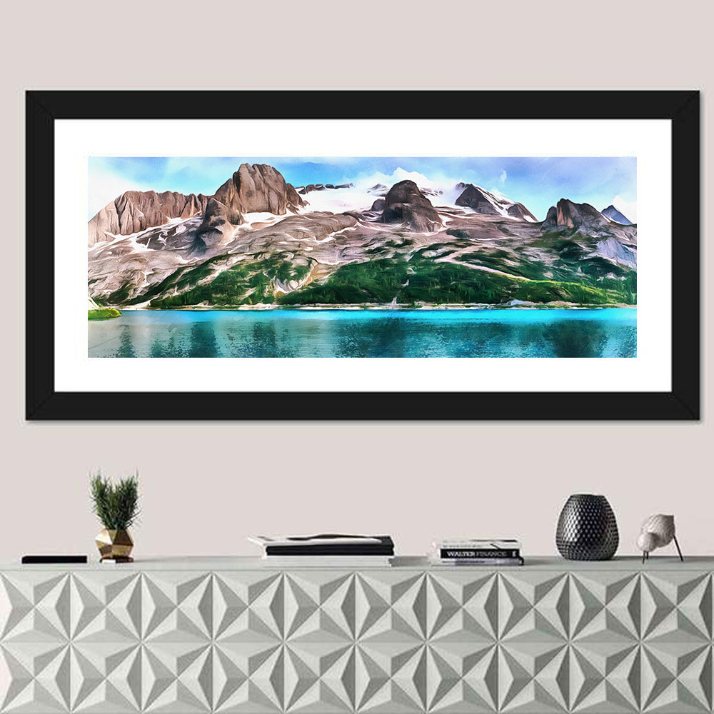 Snow-capped Mountain Lake Wall Art in a room, panoramic