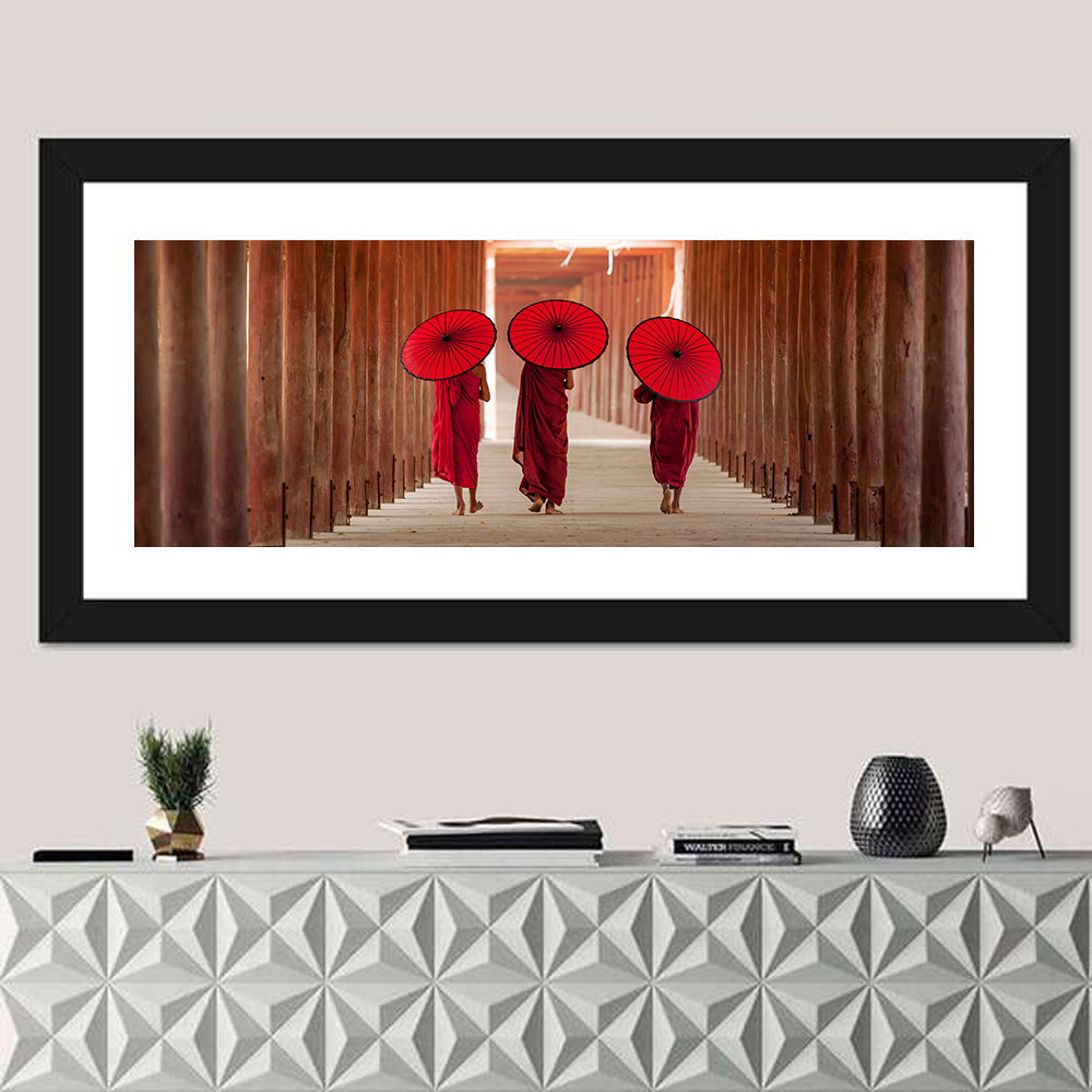 Novice Monks with Red Umbrellas Wall Art