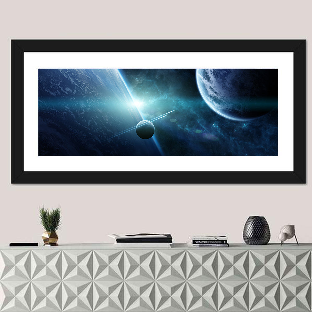 Distant Planetary System Wall Art in a room, panoramic