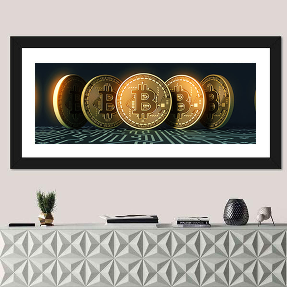 Five Golden Bitcoins on Circuit Board Wall Art