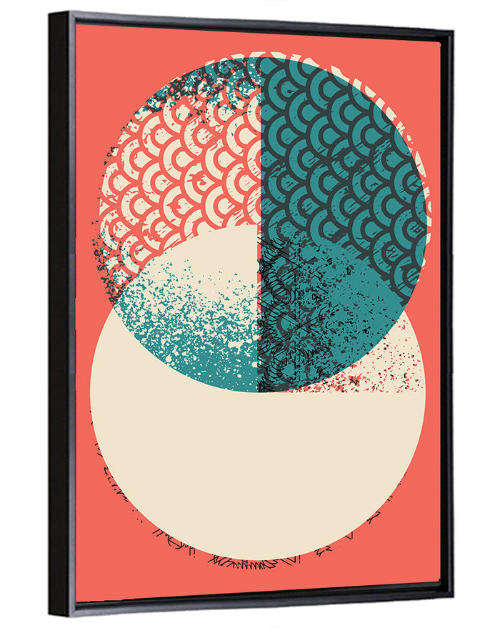 Coral Teal Geometric Circles Wall Art as a framed canvas