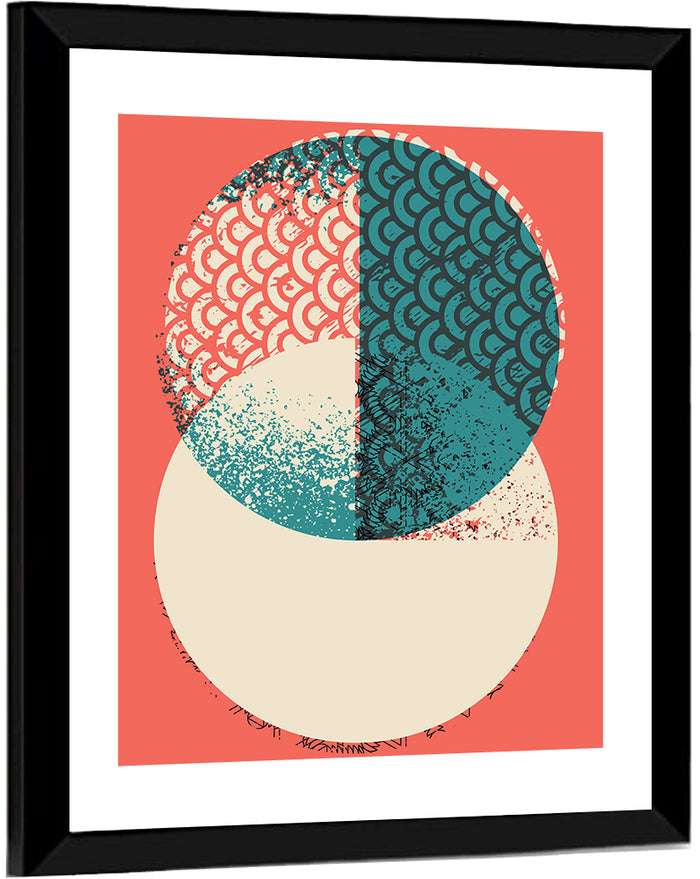 Coral Teal Geometric Circles Wall Art as a framed print