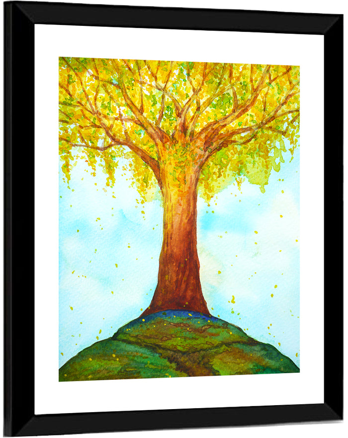 Golden Tree Illustration Wall Art as a framed print