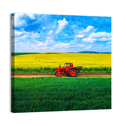Red Tractor Over Yellow Rapeseed Field Wall Art