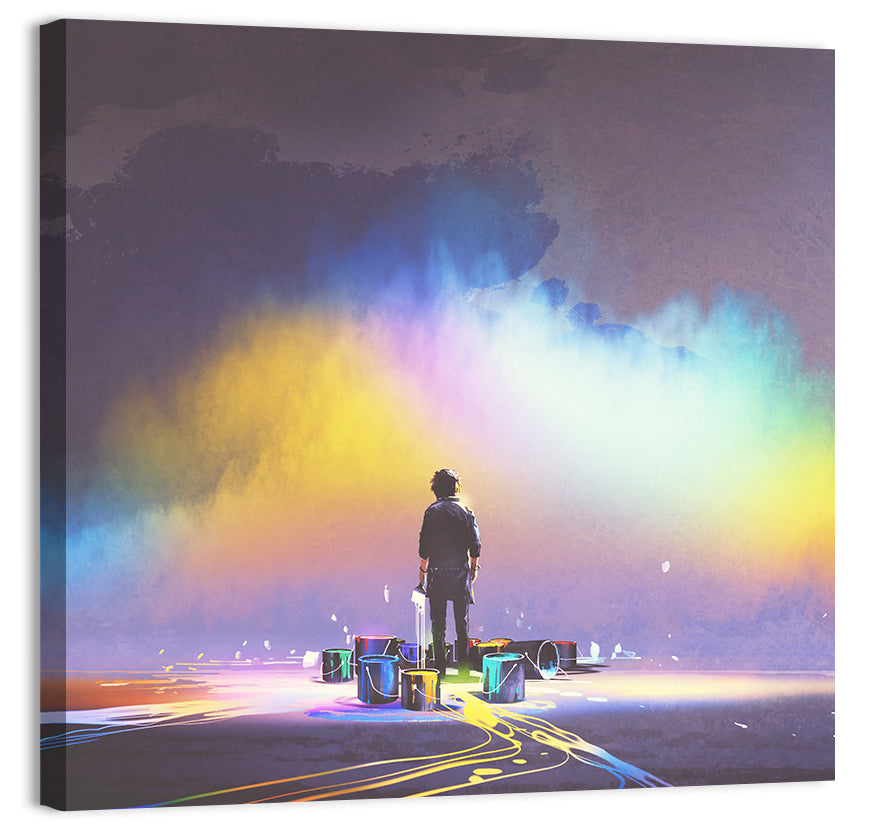 Silhouette with Paint Buckets and Rainbow Light Wall Art