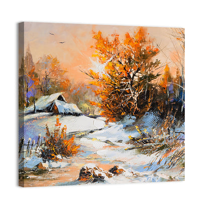 Snowy Cottage at Golden Hour Wall Art