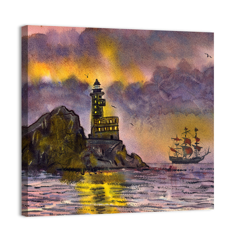 Lighthouse and Sailing Ship at Dusk Wall Art