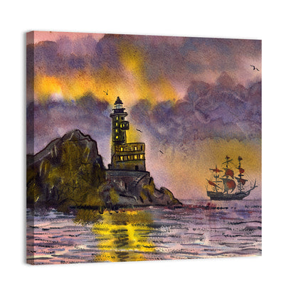Lighthouse and Sailing Ship at Dusk Wall Art