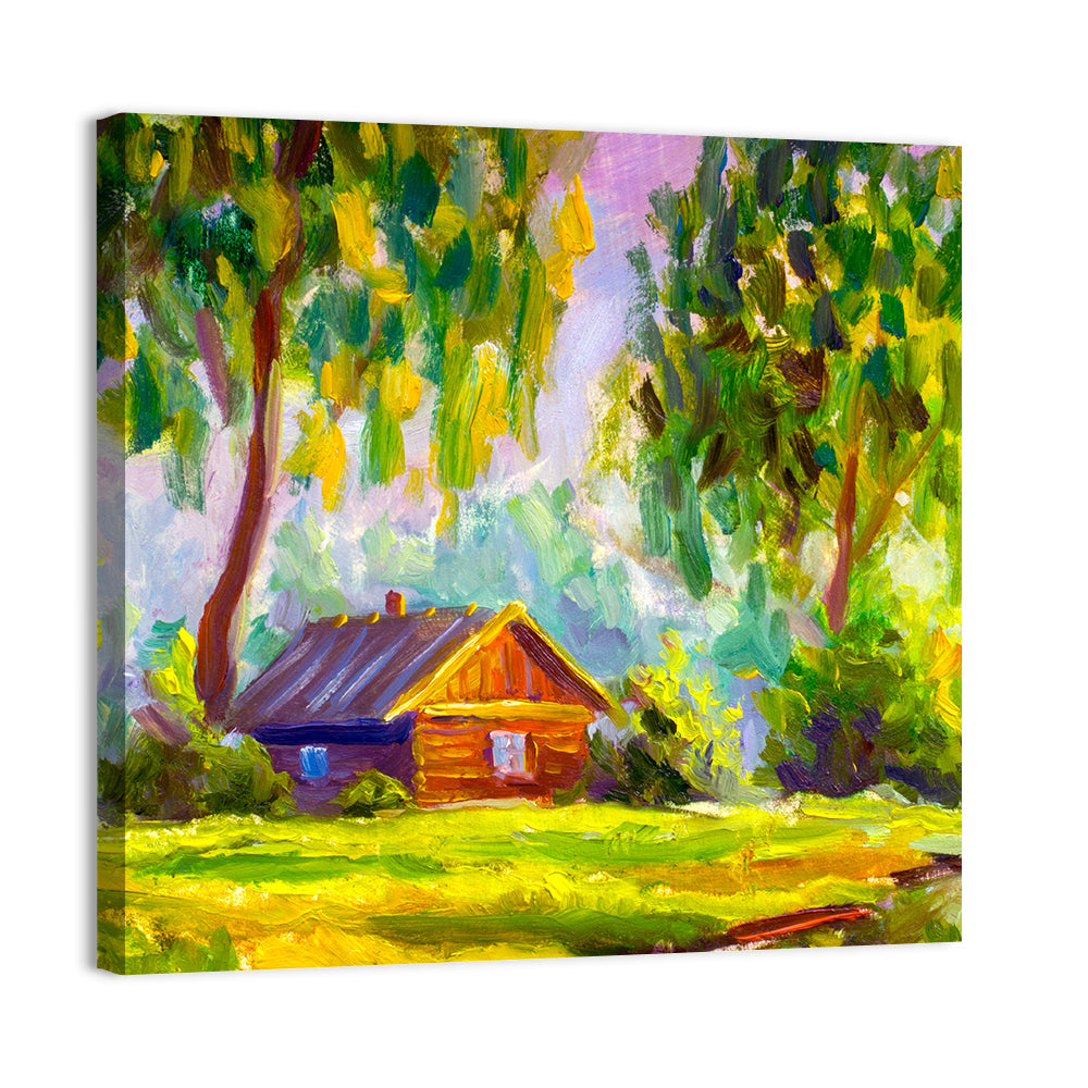 Impressionist Log Cabin in Green Forest Wall Art