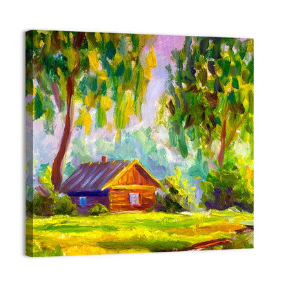 Impressionist Log Cabin in Green Forest Wall Art