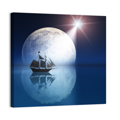 Moonlit Ship with Glowing Star Wall Art