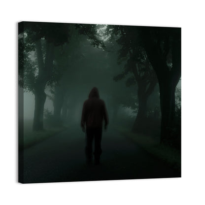 Hooded Silhouette on Foggy Forest Road Wall Art