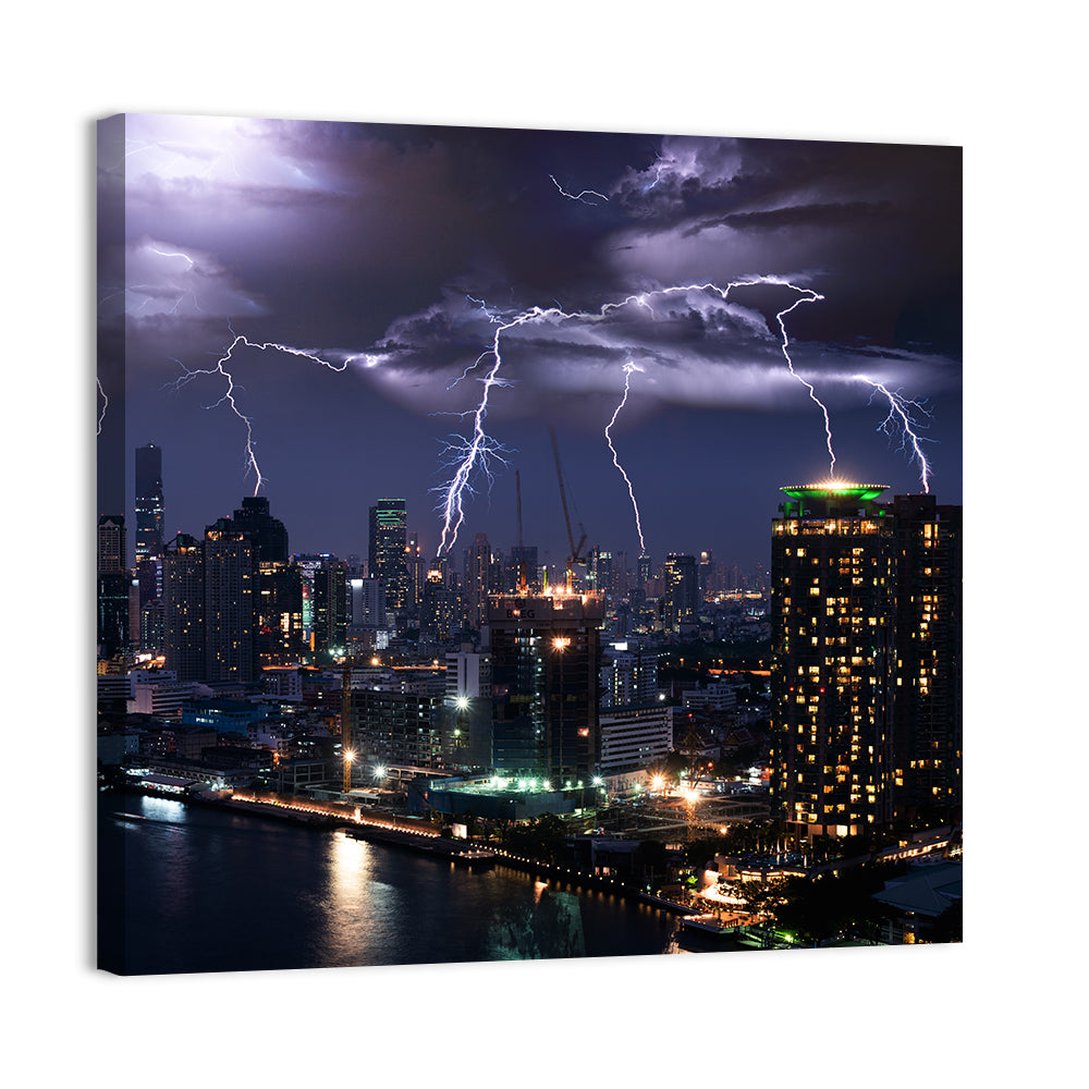 Night Lightning Over River Skyline Wall Art