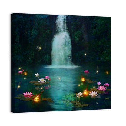 Moonlit Lotus Pond and Waterfall Wall Art