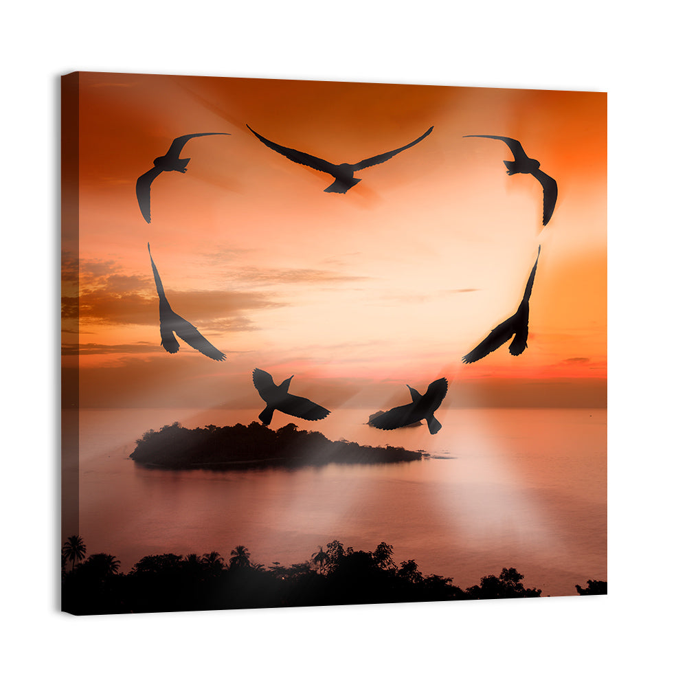 Heart-shaped Birds at Sunset Wall Art