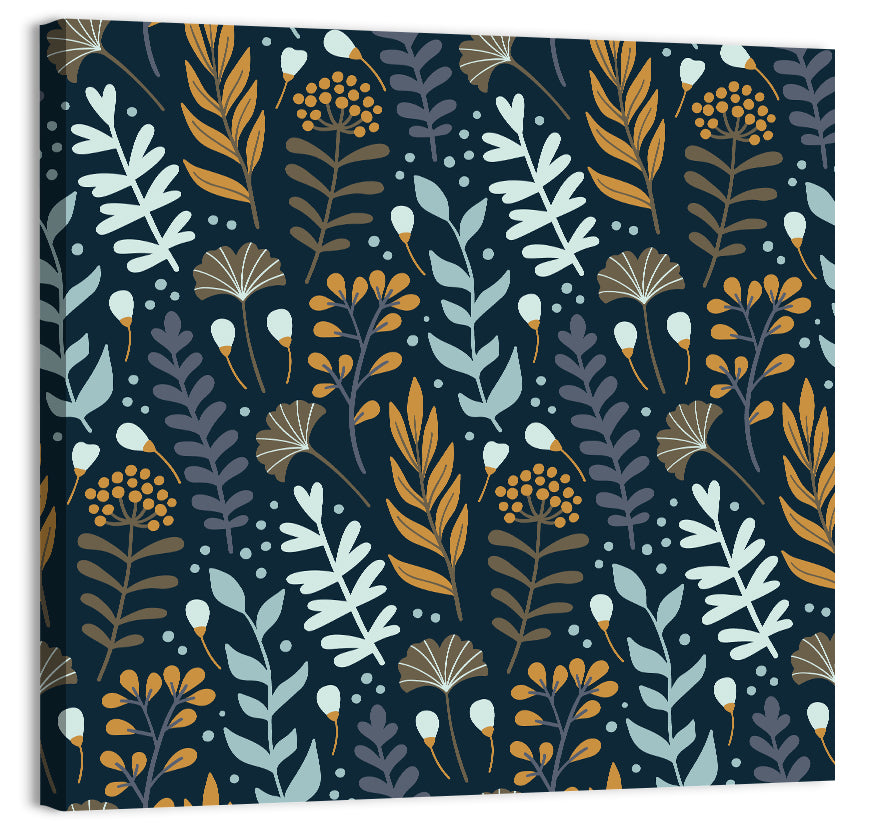 Navy Gold Wild Floral Pattern Wall Art