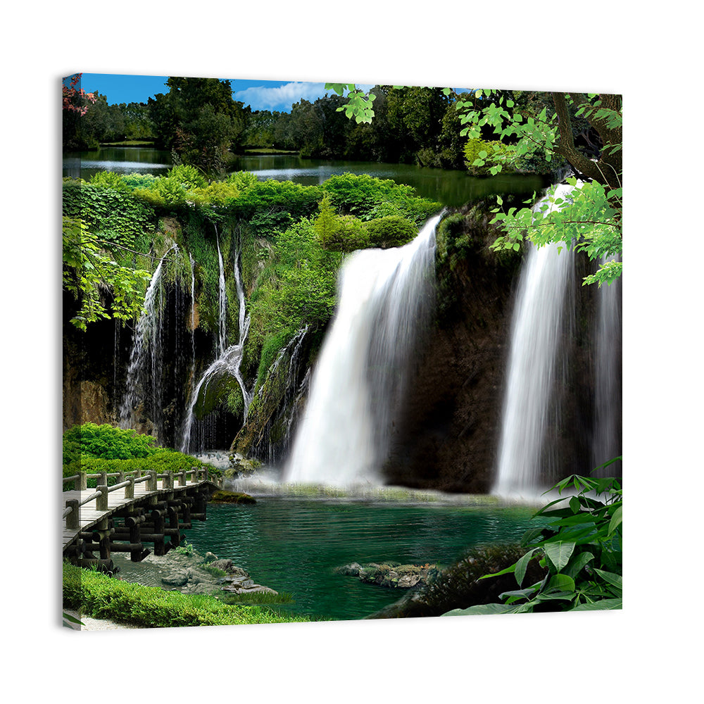 Wooden Bridge and Forest Waterfall Wall Art