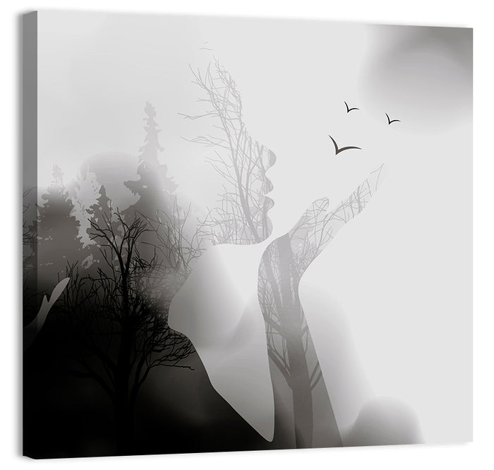 Woman Profile Forest Double Exposure Wall Art as a canvas print
