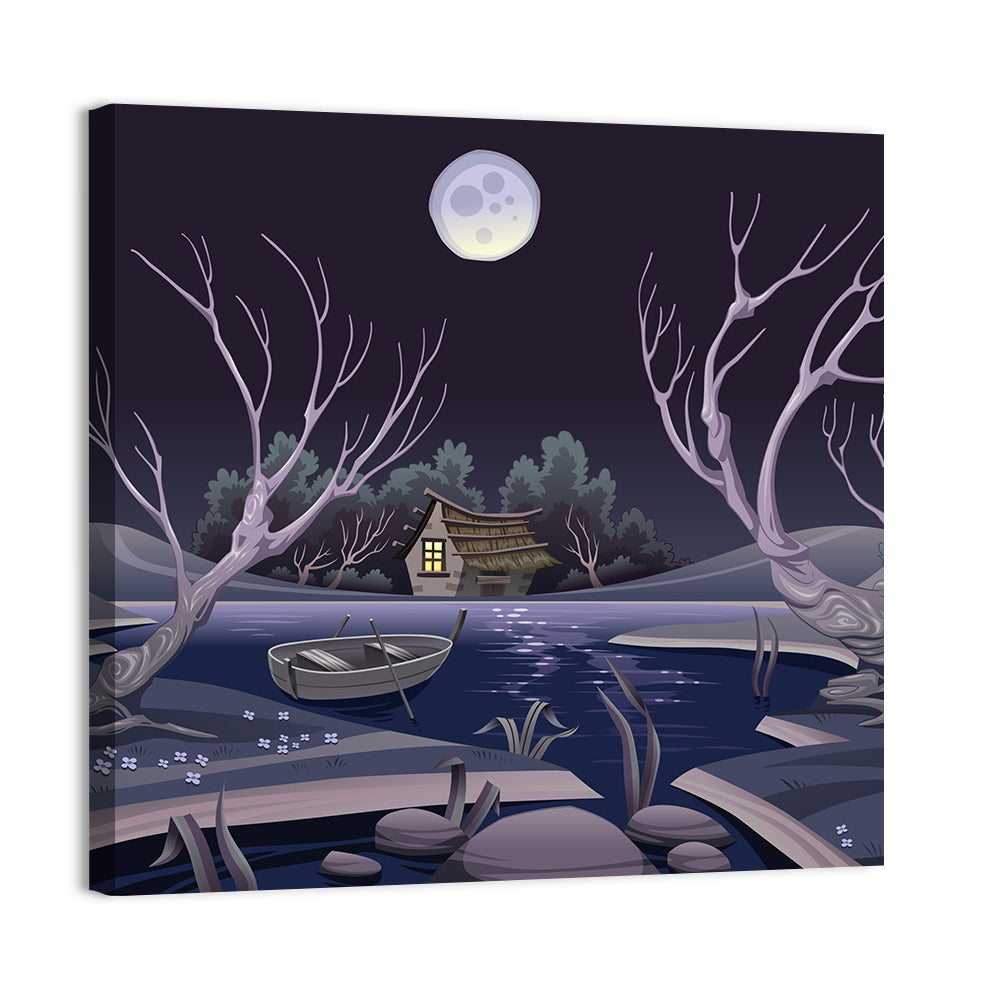 Cottage by Moonlit Pond Wall Art